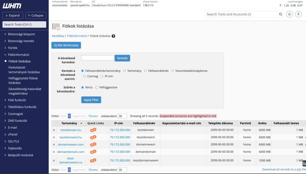 A WHM Fiókok listázása oldala öt ügyfél-tárhelyfiókkal, domainnel, kvótával és lemezhasználattal.